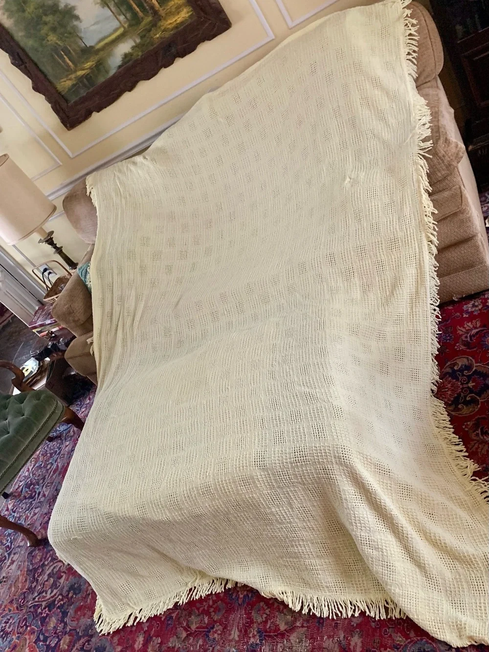Source Unknown Pale Butter Yellow Waffle Weave Fringe Throw Blanket 108x78”**